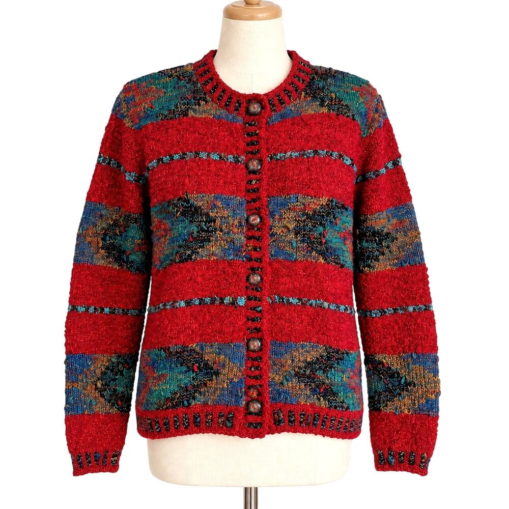 Vintage La Khochalita Uruguay 100% Wool Cardigan Small Art to Wear Multicolor